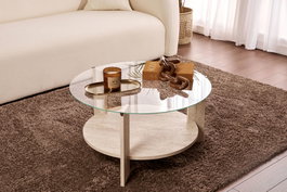 Nordure Clara - Mesa de centro de vidrio templado, Travertino y Transparente